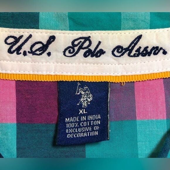 US Polo Assn Plaid Button Down Shirt Hot Pink/Teal Green/Navy Blue Juniors XL - Picture 6 of 7